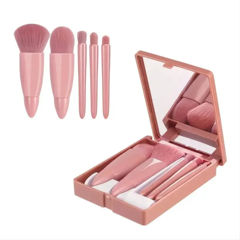 Set di pennelli per trucco da viaggio da 5 pezzi Mini pennelli per trucco, Kit di pennelli cosmetici con piccola funzione completa con custodia e specchio Perfe